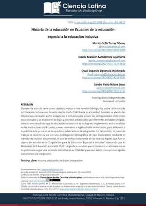 Historia De La Educación En Ecuador De La Educación Especial A La Educación Inclusiva
