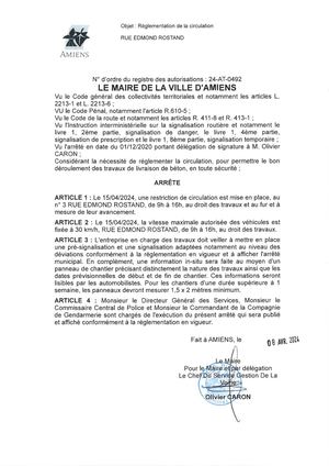 24-AT-0492 Arrête De Réglementation De La Circulation Rue Edmond Rostand à Amiens, Le 15/04/2024