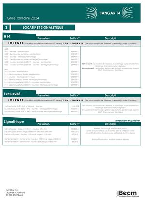 Grille Tarifaire BEAM H14 2024