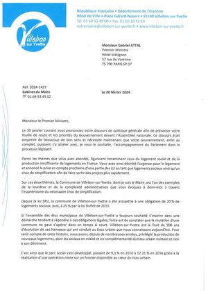Lettre de Monsieur le Maire au Premier Ministre