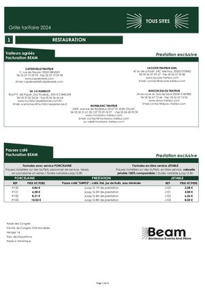 Grille Tarifaire BEAM Restauration 2024