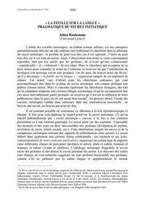 La Feuille Sur La Langue. Pragmatique Du Secret Initiatique, Par J. Bonhomme, In: Cahiers Gabonais D'Anthropologie N° 17, 2006