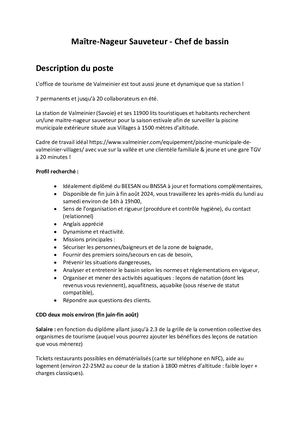 Fiche De Poste Maitre Nageur