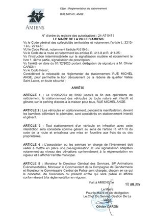 24 At 0471 Arrête De Réglementation Du Stationnement Rue Michel Ange à Amiens Le 01 06 2024