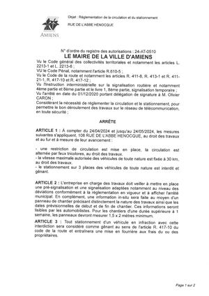 24 At 0510 Arrête De Réglementation De La Circulation Et Du Stationnement Rue De L'Abbe Henocque à Amiens Du 24 04 Au 24 05 2024
