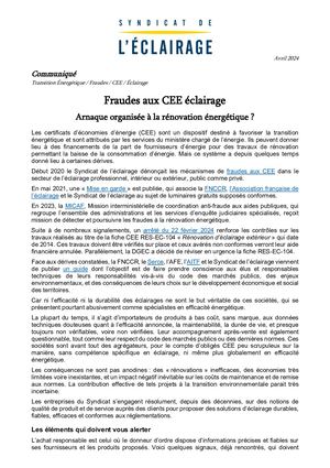 Synd Eclairage _Communiqué_final Arnaques Aux CEE Éclairage
