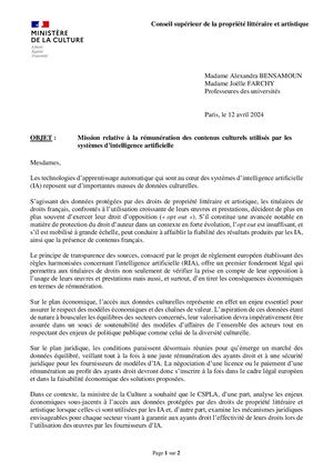 12 avril 2024 - Le CSPLA lance une mission relative à la rémunération des contenus culturels utilisés par les systèmes d’intelligence artificielle.
