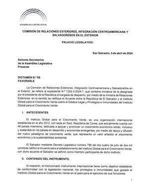 Ratificación del Acuerdo de la GGGI con El Salvador