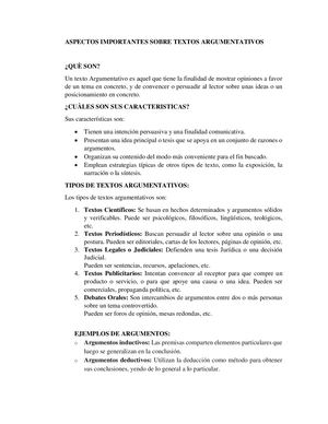Aspectos Importantes Sobre Textos Argumentativos Unidad 3
