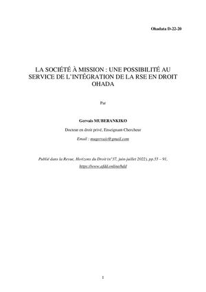 La société à mission : Une possibilité au service de l’intégration de la RSE en droit OHADA