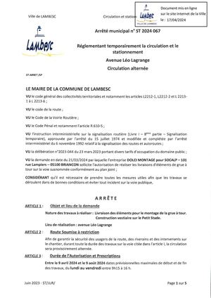 ST 2024 067 Circulation, SOCALP - DOLCI Montage, Av Léo Lagrange - Petit Stade