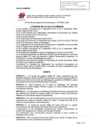 AR1-2024-00404 Arrête De Vente Au Déballage, Rue Michel Ange à Amiens, Comité De Quartier Vallée Saint Ladre, Le 01/06/2024