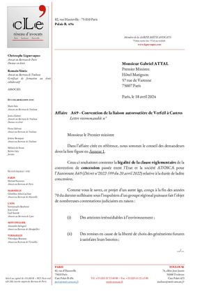 A69 : Lettre de l'avocat Christophe Lèguevaques envoyée au Premier ministre