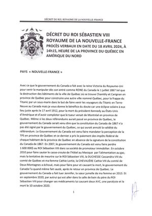 Décret du ROI Sébastien VIII 18 avril 2024