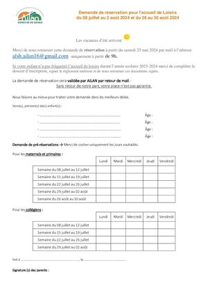 Formulaire de réservation été 2024