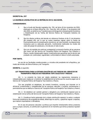 Decreto 257 Ley De Estabilización Del Precio Del Transporte Público De Pasajeros