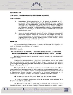 Decreto 617 Reformas A La Ley De Estabilización Del Precio Del Transporte Público De Pasajeros