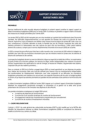 Rapport D'orientations Budgetaires 2024 Sdis 72