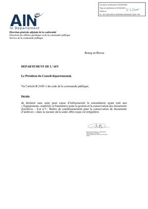Décision Sans Suite Fournitures Pour La Gestion Et La Conservation Des Documents D'archives (Lot 1)