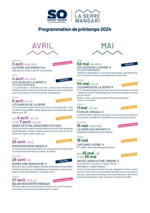 Programmation de Printemps 2024 de la Serre Wangari