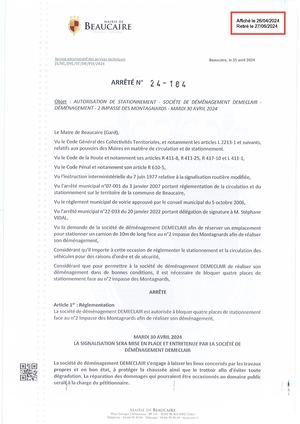 Fichier Parution Des Arrêtés 24 184 à 24 190 Du 26 04 2024