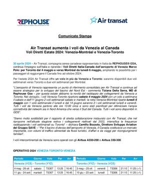 Comunicato Stampa Air Transat Save Da Venezia Al Canada Con Voli Diretti Per Toronto E Montréal