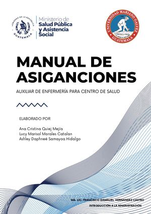 Manual de asignaciones para un Auxiliar de Enfermería en un Centro de Salud.