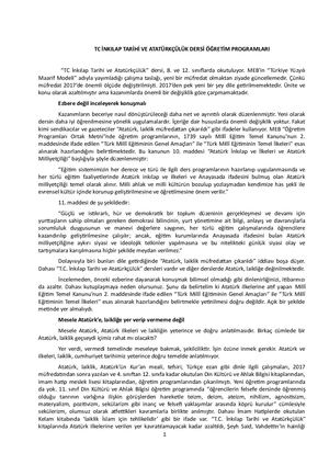 TC İNKILAP TARİHİ VE ATATÜRKÇÜLÜK DERSİ ÖĞRETİM PROGRAMLARI