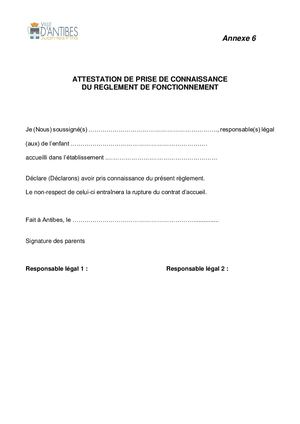 Attestation de prise de connaissance du règlement de fonctionnement