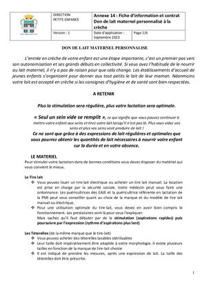 Fiche d’information et contrat don de lait maternel personnalisé à la crèche