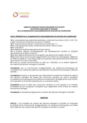 Arrêté Règlement de Collecte des Déchets Ménagers et Assimilés - Châlons Agglo - 22 Avril 2024