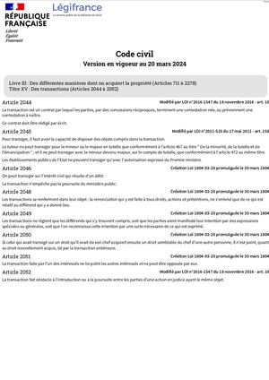 Code Civil Titre Xv Des Transactions (Articles 2044 À 2052) Légifrance