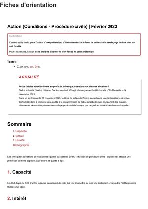 Action (Conditions Procédure Civile) Fiches D'orientation Dalloz