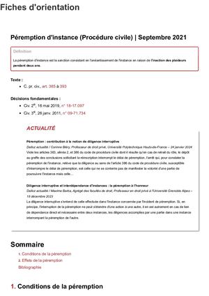 Péremption D'instance (Procédure Civile) Fiches D'orientation Dalloz