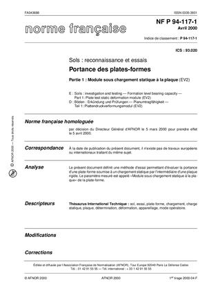 Nf P94 117 1 (Avril 2000) Portance Des Plates Formes Module Sous Chargement Statique à La Plaque (Ev2) Ok
