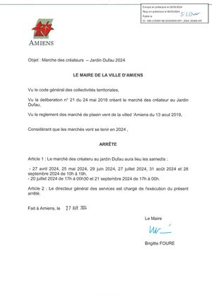 Ar1 2024 00466 Arrête D'autorisation D'occupation Du Domaine Public Marché Des Créateurs Au Jardin Dufau à Amiens Le 27 04 Au 21 09 2024
