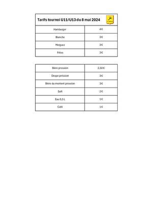 Tarifs buvette tournoi CAB