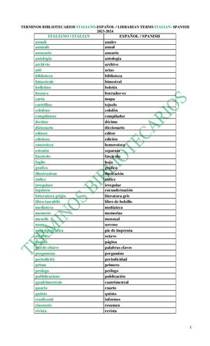 Términos Bibliotecarios Italiano Español Italiano