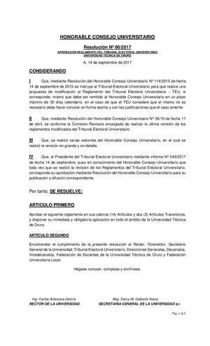 Reglamento Del Tribunal Electoral Universitario Res Hcu 80 2017