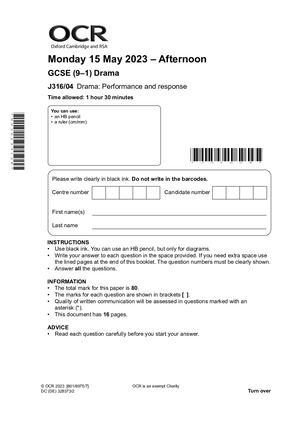 2023 OCR GCSE DRAMA PAPER 1 QUESTION PAPER (J316/04: Drama: Performance and response).