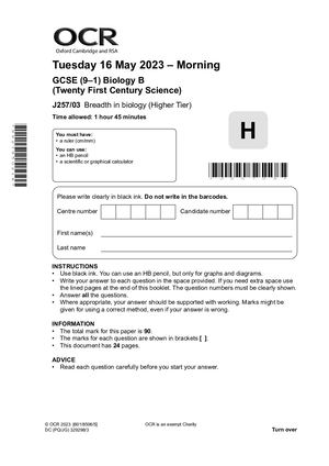 2023 OCR GCSE BIOLOGY PAPER 3 QUESTION PAPER (J257/03: Breadth In Biology (Higher Tier)).