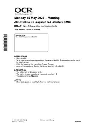 2023 OCR AS ENGLISH LANGUAGE AND LITERATURE PAPER 1 QUESTION PAPER (H074/01: Non-fiction written and spoken texts).