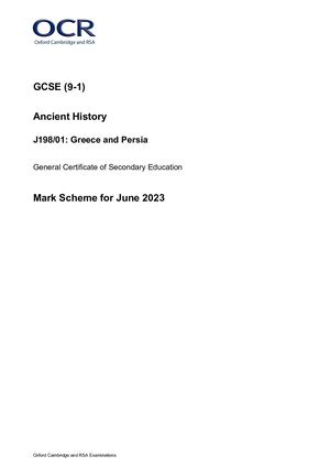 2023 OCR A LEVEL ANCIENT HISTORY PAPER 1 MARK SCHEME (J198/01: Greece and Persia).