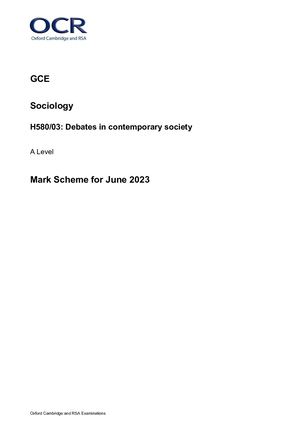 2023 OCR A LEVEL SOCIOLOGY PAPER 3 MARK SCHEME (H580/03: Debates in contemporary society).