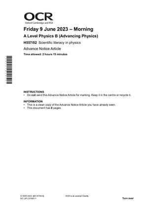 2023 OCR A LEVEL PHYSCIS B PAPER 2 INSERT (H557/02: Scientific literacy in physics).