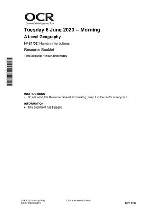 2023 OCR A LEVEL GEOGRAPHY PAPER 2 INSERT (H481/02: Human interactions).