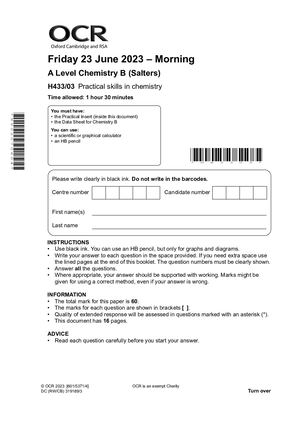 2023 OCR A LEVEL CHEMISTRY B (Salters) PAPER 3 QUESTION PAPER (H433/03: Practical skills in chemistry).