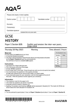 2023 AQA GCSE HISTORY PAPER 1B QUESTION PAPER (8145/1B/C: Section B/C: Conflict And Tension Between East And West, 1945–1972).