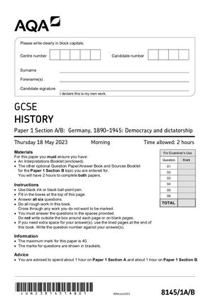 2023 AQA GCSE HISTORY PAPER 1A QUESTION PAPER (8145/1A/B: Section A/B: Germany, 1890–1945: Democracy and dictatorship).
