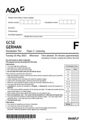 2023 AQA GCSE GERMAN PAPER 1 QUESTION PAPER (8668/LF: Foundation Tier - Listening)
